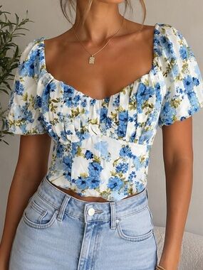 NWT Blu Pepper Adrian Floral Corset Top | Blue Floral Puff Sleeve | Medium